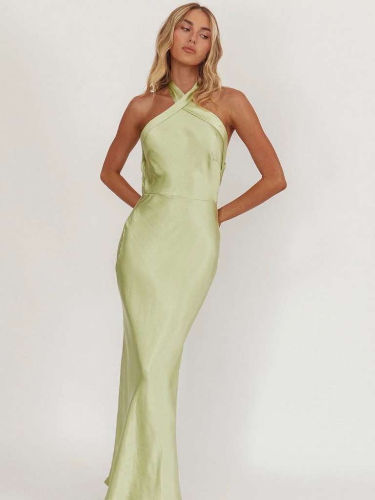 Italia Azure Crossover Halterneck Maxi Dress | Pistachio